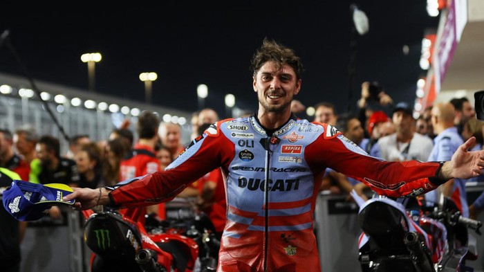 MotoGP - Grand Prix of Qatar - Lusail International Circuit, Lusail, Qatar - November 19, 2023 Gresini Racing MotoGPs Fabio Di Giannantonio celebrates after winning the Grand Prix of Qatar REUTERS/Ibraheem Al Omari