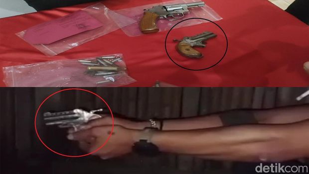 Kolase foto video viral dengan jumpa pers tampang koboi Garut yang letuskan pistol.