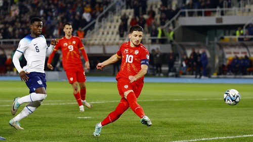 Soccer Football - Euro 2024 Qualifier - Group C - North Macedonia v England - Tose Proeski Arena, Skopje, North Macedonia - November 20, 2023 North Macedonias Enis Bardhi scores their first goal Action Images via Reuters/Peter Cziborra