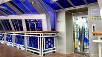 Warna dominan dari JPO ini adalah abu-abu tapi terdapat kelir biru di dinding lift.  