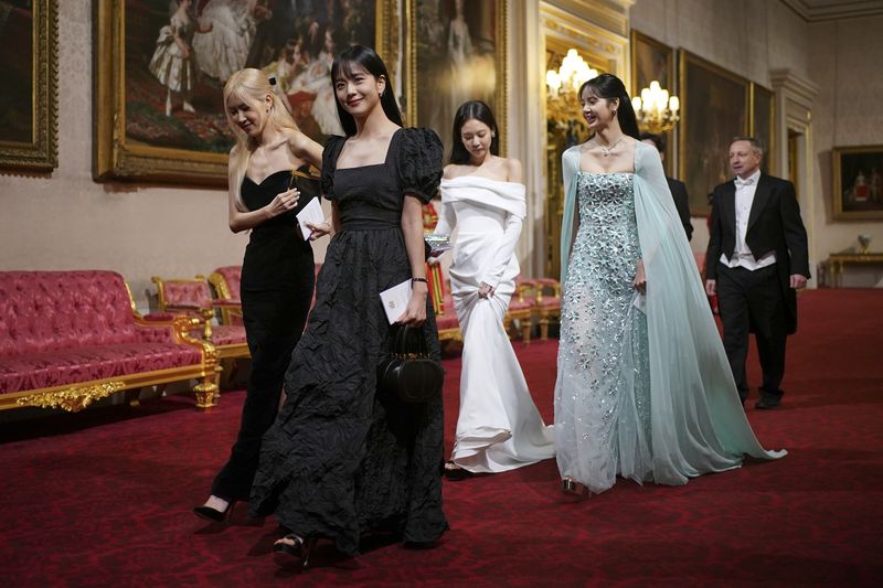South Korean girl band Blackpink ahead of the State Banquet, for the state visit to the UK by President of South Korea Yoon Suk Yeol and his wife Kim Keon Hee, at Buckingham Palace, London, Tuesday, Nov. 21, 2023. (Yui Mok/Pool Photo via AP)