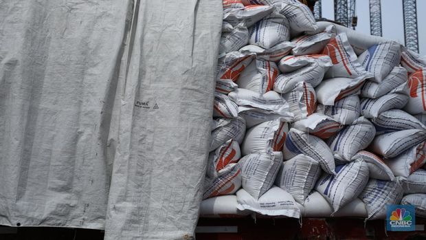 Sejumlah pekerja melakukan bongkar muat beras beras impor asal Vietnam tiba di Pelabuhan Tanjung Priok, Jakarta, Rabu (22/1/2023).  (CNBC Indonesia/Tri Susilo)