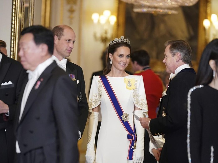 The Princess of Wales, President of South Korea Yoon Suk Yeol, King Charles III and Queen Camilla at the state banquet at Buckingham Palace, London, Tuesday, Nov. 21, 2023 for the state visit to the UK by President of South Korea Yoon Suk Yeol and his wife Kim Keon Hee. (Aaron Chown/Pool Photo via AP)