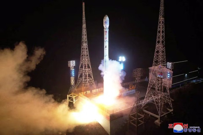 A rocket carrying a spy satellite Malligyong-1 is launched, as North Korean government claims, in a location given as North Gyeongsang Province, North Korea in this handout picture obtained by Reuters on November 21, 2023. KCNA via REUTERS Acquire Licensing Rights