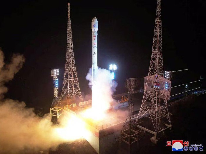 A rocket carrying a spy satellite Malligyong-1 is launched, as North Korean government claims, in a location given as North Gyeongsang Province, North Korea in this handout picture obtained by Reuters on November 21, 2023. KCNA via REUTERS Acquire Licensing Rights
