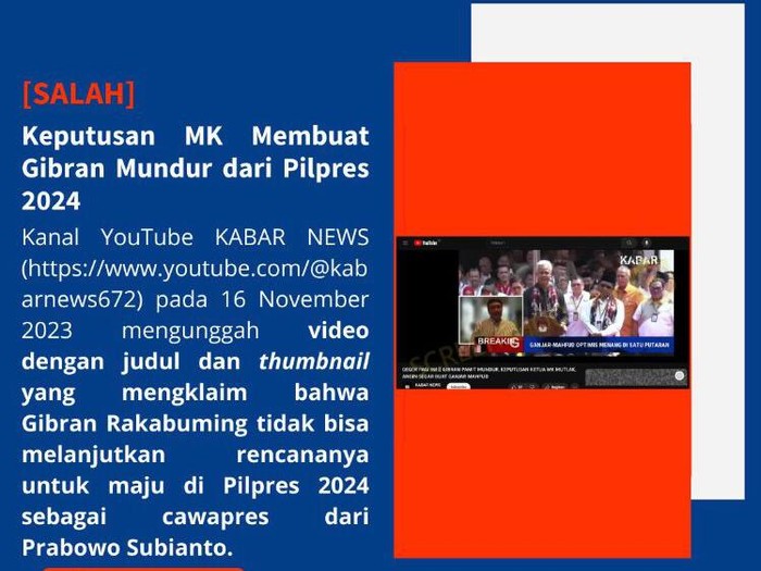 Berita hoaks soal Gibran mundur dari Pilpres 2024. Foto diunggah Kamis (23/11/2023).
