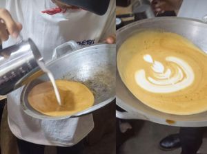 Unik! Barista Ini Sajikan Latte Art di Dalam Baskom dan Wajan