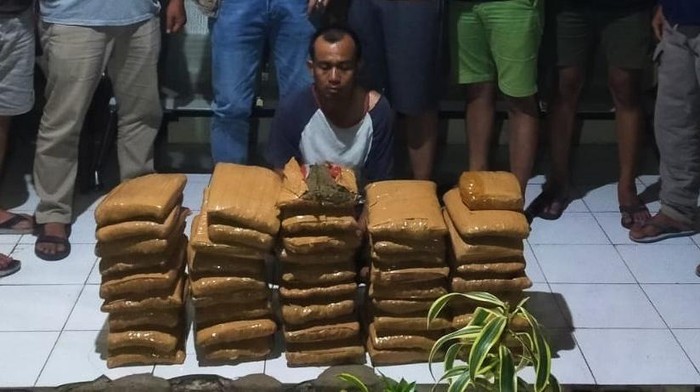 Pelaku IS dengan barang bukti 45 kg ganja. (Foto: Dok. Polres Tanah Datar)