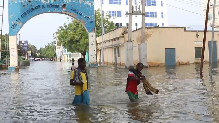 In this image made from video, flooded streets are seen from the air in the town of Beledweyne, in Somalia, Sunday, Nov. 19, 2023. First, some families fled drought and violence. Now they say they have nowhere to hide from intense flooding as rainfall exacerbated by the weather phenomenon El Nino pummels large parts of Somalia. (AP Photo)