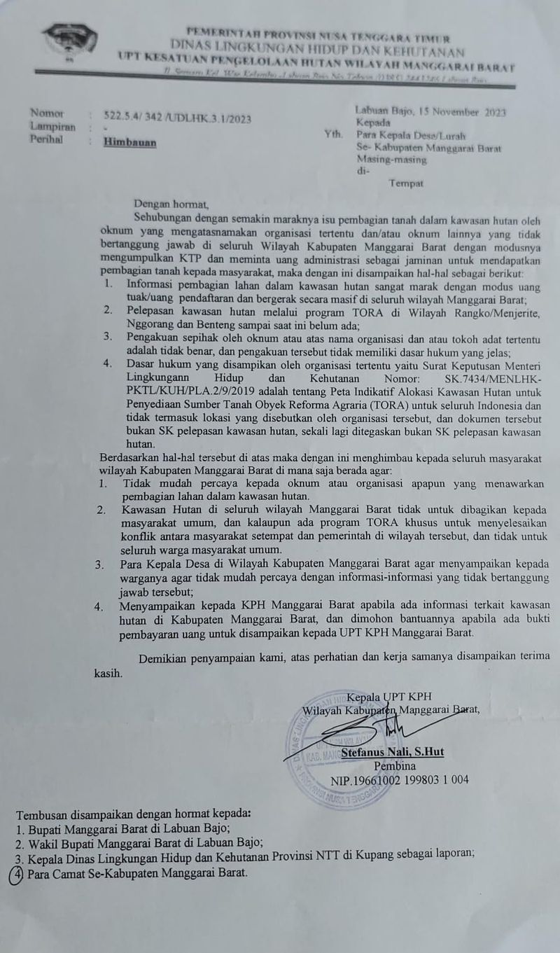 Surat Imbauan Kepala UPT Kesatuan Pengelolaan Hutan  Wilayah Kabupaten Manggarai Barat Stefanus Nali kepada masyarakat agar tak percaya tawaran pembagian lahan di dalam kawasan hutan. (Istimewa)