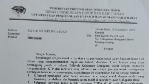 Surat Imbauan Kepala UPT Kesatuan Pengelolaan Hutan  Wilayah Kabupaten Manggarai Barat Stefanus Nali kepada masyarakat agar tak percaya tawaran pembagian lahan di dalam kawasan hutan. (Istimewa)