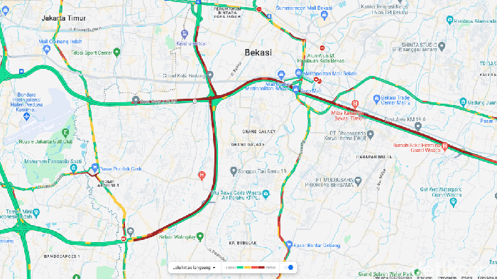 Tangkapan layar Google Maps memperlihatkan kemacetan di Km 6 sampai Km 19 Tol Jakarta-Cikampek, Kamis (23/11/2023) sekitar pukul 12.00 WIB.