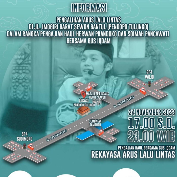 Pemberitahuan rekayasa lalu lintas di Jalan Imogiri Barat, Kapanewon Sewon, Bantul, dalam rangka pengajian, Jumat (24/11/2023).