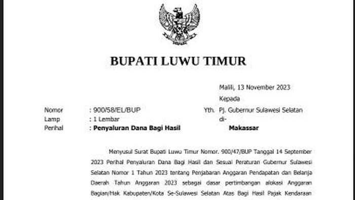 Pemkab Luwu Timur bersurat ke Pemprov Sulsel menagih utang DBH Tahun 2023.