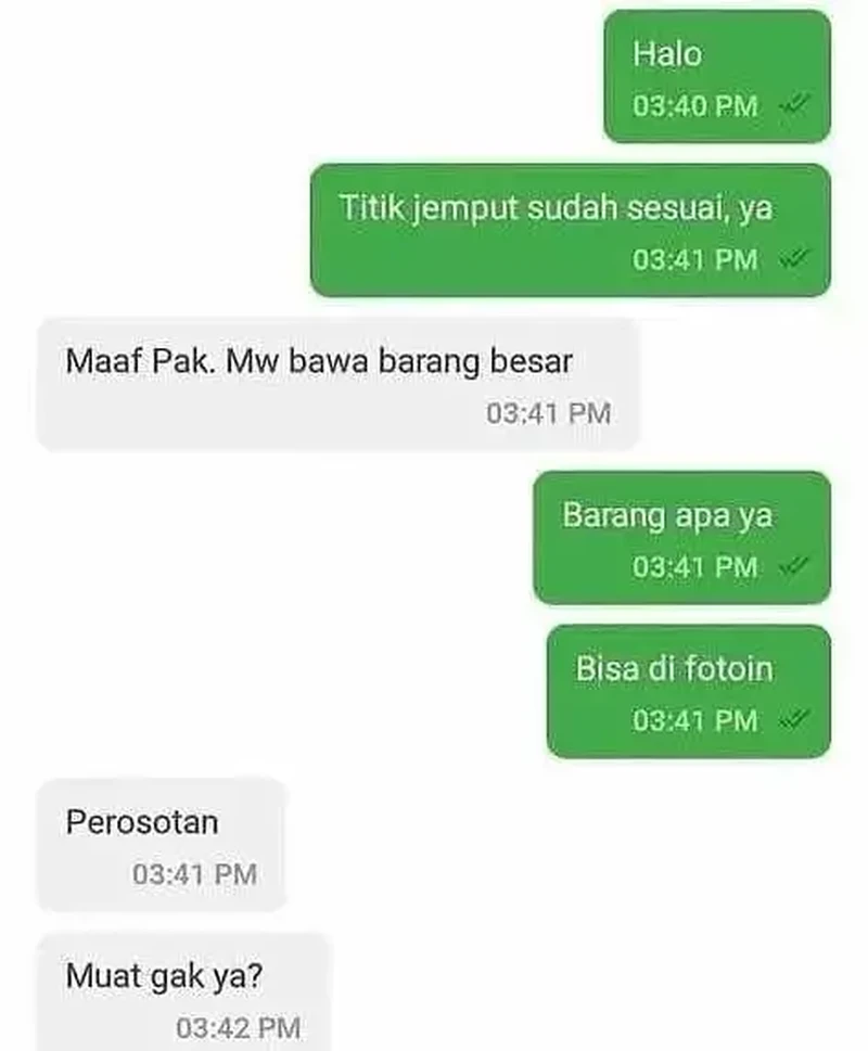 Absurd banget chat pengguna dan driver ojol. Minta tolong sih, tapi nggak seribet ini juga kali.