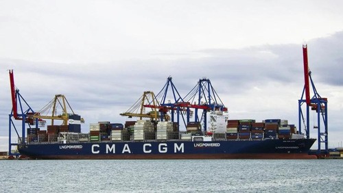 In this photo provided by Manuel Hernandez Lafuente, the CMA CGM Symi is seen at port in Valencia, Spain, Oct. 22, 2023. A container ship owned by an Israeli billionaire came under attack by a suspected Iranian drone in the Indian Ocean as Israel wages war on Hamas in the Gaza Strip, an American defense official said Saturday, Nov. 25, 2023. (Manuel Hernandez Lafuente via AP)