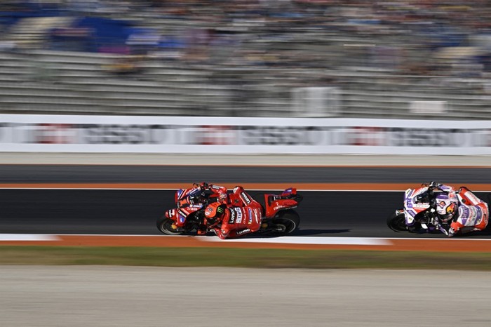 Ducati Spanish rider Jorge Martin (R) and Ducati Italian rider Francesco Bagnaia ride during the second free practice session of the MotoGP Valencia Grand Prix at the Ricardo Tormo racetrack in Cheste, on November 24, 2023. (Photo by JAVIER SORIANO / AFP)