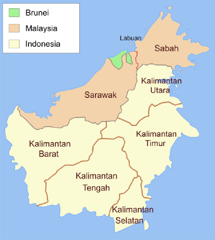Pulau Borneo/Kalimantan yang dimiliki oleh 3 negara yaitu Indonesia, Malaysia, dan Brunei Darussalam.