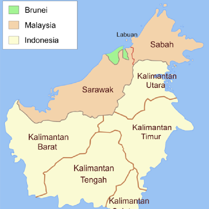 Pulau Borneo/Kalimantan yang dimiliki oleh 3 negara yaitu Indonesia, Malaysia, dan Brunei Darussalam.