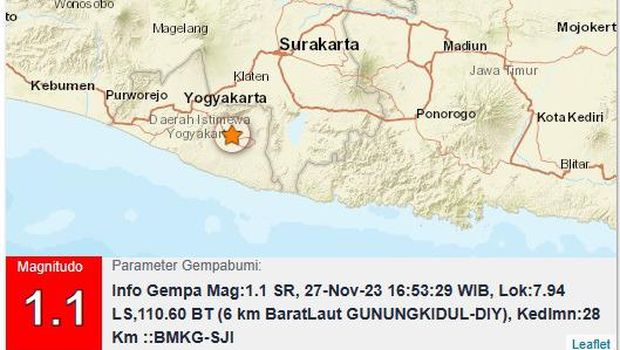 Gempa di Gunungkidul, Senin (27/11/2023) sore.