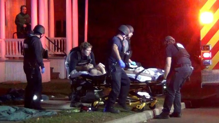 First responders wheel a victim to an ambulance after a gunman shot and wounded three college students of Palestinian descent in Burlington, Vermont, U.S. November 25, 2023 in a still image from video. Courtesy Wayne Savage via REUTERS. Acquire Licensing Rights
