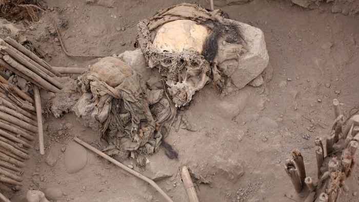 Penampakan Mumi Anak Berusia 1.000 Tahun yang Ditemukan di Peru People stand around the Huaca La Florida archaeological site where five mummies, that according to archaeologists belong to the pre-Inca Ychsma culture that inhabited the central coast of Peru from approximately 900 to 1450 AD., were found, in Lima, Peru, November 21, 2023. REUTERS/Anthony Marina NO RESALES. NO ARCHIVES