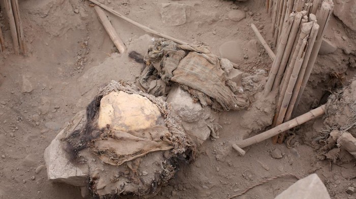 Penampakan Mumi Anak Berusia 1.000 Tahun yang Ditemukan di Peru People stand around the Huaca La Florida archaeological site where five mummies, that according to archaeologists belong to the pre-Inca Ychsma culture that inhabited the central coast of Peru from approximately 900 to 1450 AD., were found, in Lima, Peru, November 21, 2023. REUTERS/Anthony Marina NO RESALES. NO ARCHIVES