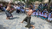 Sejumlah siswa SD Al Iqro Mataram menyaksikan budaya presean Lombok saat mengikuti Outing Class atau kegiatan belajar di luar kelas mengenal budaya tradisional Sasak Lombok di Dusun Adat Sade, Desa Rambitan, Kecamatan Pujut, Praya, Lombok Tengah, NTB, Senin (27/11/2023).  