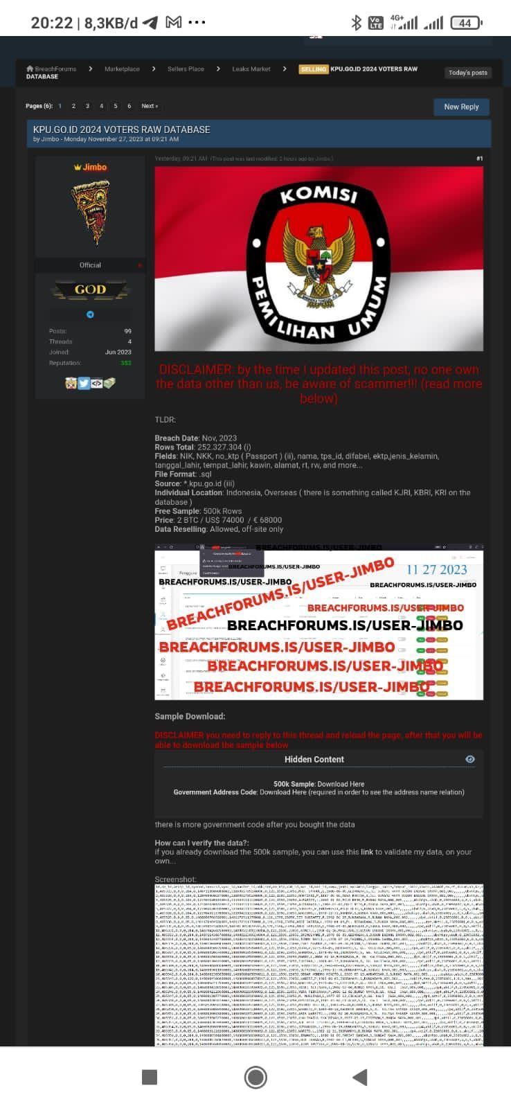 Dugaan data 204 juta DPT KPU bocor dan dijual peretas di darkweb.
