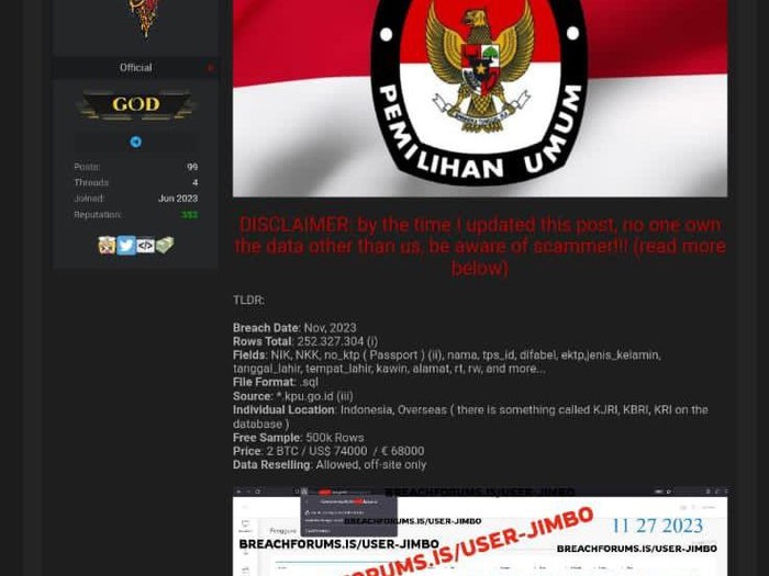 Dugaan data 204 juta DPT KPU bocor dan dijual peretas di darkweb.