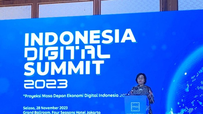 Menteri Keuangan Sri Mulyani dalam acara Indonesia Digital Summit 2023