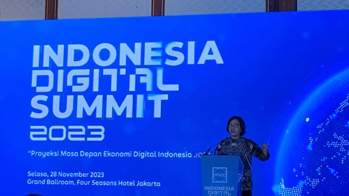 Menteri Keuangan Sri Mulyani dalam acara Indonesia Digital Summit 2023
