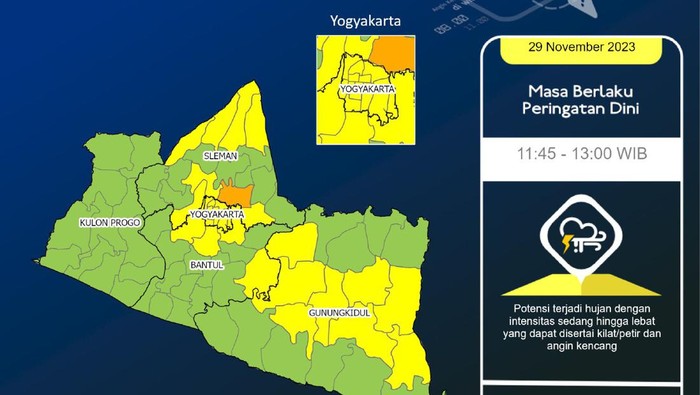 BMKG mengeluarkan peringatan dini cuaca wilayah Jogja atau Daerah Istimewa Yogyakarta (DIY), Rabu (29/11/2023) siang.