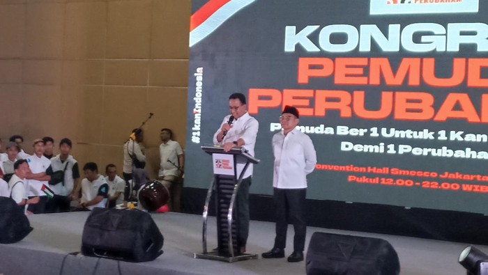 Capres nomor urut 1, Anies Baswedan, di Kongres Pemuda Perubahan, Gedung Smesco, Jaksel, Rabu (29/11/2023).