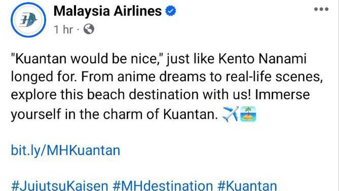 Malaysia Airlines respons tokoh anime yang ingin liburan ke Kuantan.