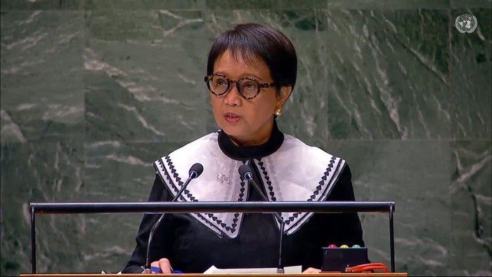 Menlu RI Retno Marsudi di Sidang Majelis Umum di Markas PBB, New York, 28 November 2023. (Akun X Menlu RI)