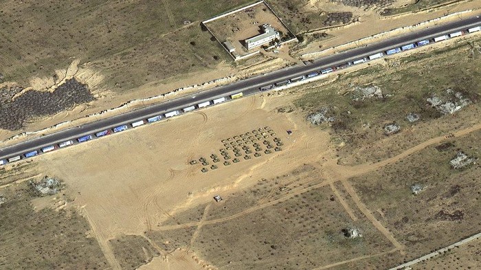 This satellite image provided by Maxar Technologies shows the Rafah border crossing in Gaza, on Sunday, Nov. 26, 2023. The cease-fire between Israel and Hamas began Friday, Nov. 24. (Satellite image ©2023 Maxar Technologies via AP)