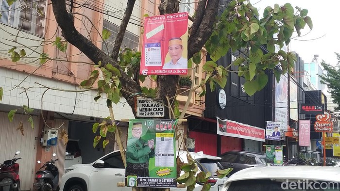 Marak spanduk caleg dipaku di pohon di Makassar.