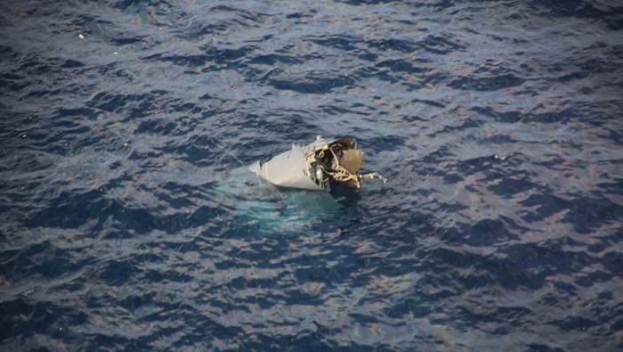 A looking-like life raft floating object believed to belong to the U.S. military aircraft MV-22 Osprey that crashed into the sea is seen off Yakushima Island, Kagoshima prefecture, western Japan November 29, 2023, in this handout photo taken by Japan Coast Guard airplane and provided by Japan Coast Guard. 10th Regional Coast Guard Headquarters - Japan Coast Guard/Handout via REUTERS ATTENTION EDITORS - THIS PICTURE WAS PROVIDED BY A THIRD PARTY. MANDATORY CREDIT