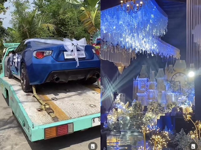 Momen seserahan pernikahan berupa mobil mewah dan resepsi ala bak negeri dongeng Disney di Pati, Jawa Tengah