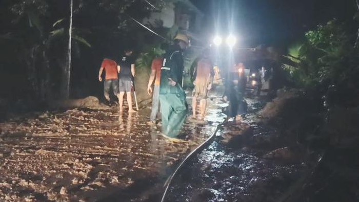 Tim Reaksi Cepat (TRC) BPBD Gianyar melakukan penanganan pohon tumbang yang menutupi  jalan di Tegallalang, Gianyar, Bali, Jumat (1/12/2023).