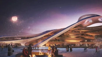 Wilayah bersalju buatan Trojena adalah bagian dari rencana Arab Saudi senilai USD 500 miliar untuk membangun resor ski di gurun untuk menjadi tuan rumah Olimpiade Musim Dingin 2029. Foto: Neom
