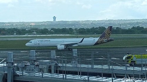 Pesawat Airbus A321LR dengan nomor penerbangan UK145 dengan rute India-Bali tiba di Bandara Ngurah Rai, Bali, Jumat (1/12/2023). (Agus Eka/detikBali)