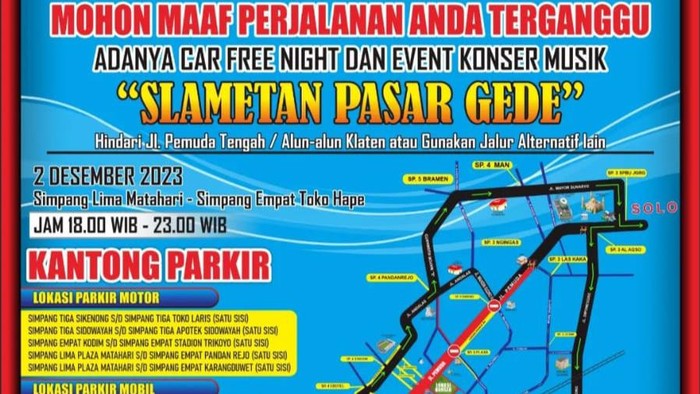 Peta rekayasa dan penutupan jalan untuk menyambut Car Free Night Klaten nanti malam.