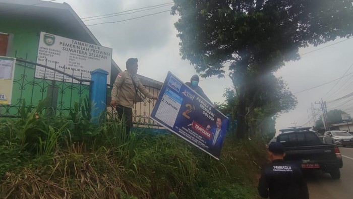 Penurunan poster caleg di pagar sekolah di Palembang.