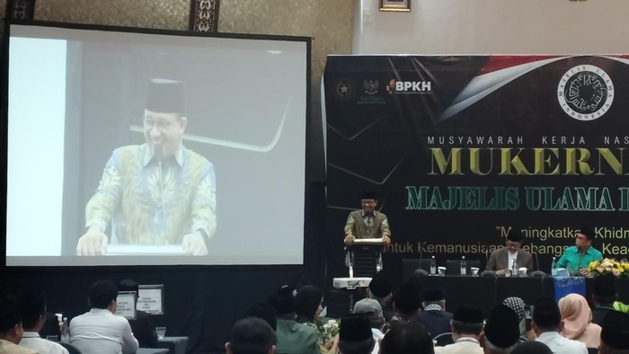 Anies Baswedan saat memberikan pidato di Mukernas III MUI di Mercure Hotel, Ancol, Jakarta Utara Sabtu (2/12/2023) malam.