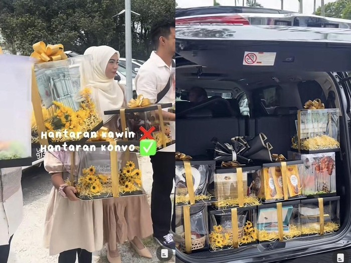 Rombongan keluarga yang memberikan kejutan dengan membawa kotak seserahan di acara wisuda bikin kaget.