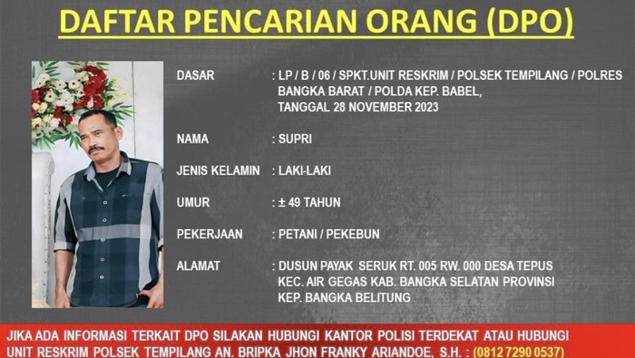 Supri yang aniaya istrinya Nurlaela hingga buta menjadi DPO polisi