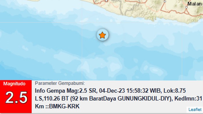 Gempa M 2,5 di barat daya Gunungkidul, Senin (4/12/2023).