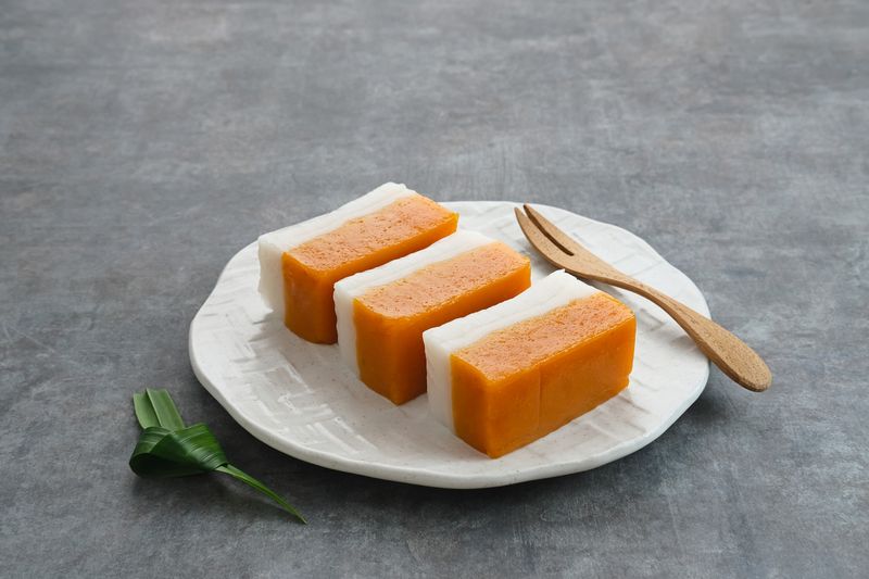 Kue Talam Kue Talam Ubi, Indonesian traditional snack made from sweet potato, flour and coconut milk.